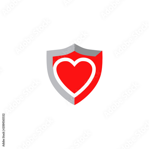 A heart shape within a white-bordered shield with a red filling and a grey frame