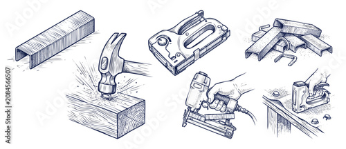 Tableau sur toile Construction stapler tools sketch set featuring hand tools, staple guns, pneumatic nailer, hammer driving staples into wood, and hardware accessories in hand-drawn engraving style on white background
