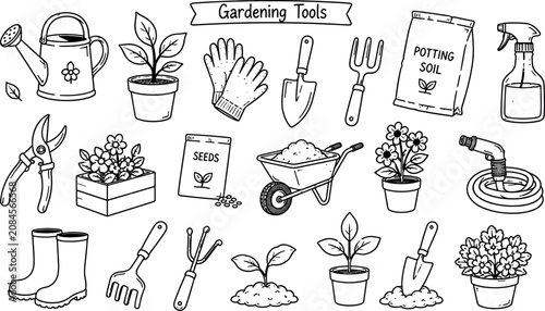 Foto Collection of handdrawn gardening tools and plants for illustration purposes