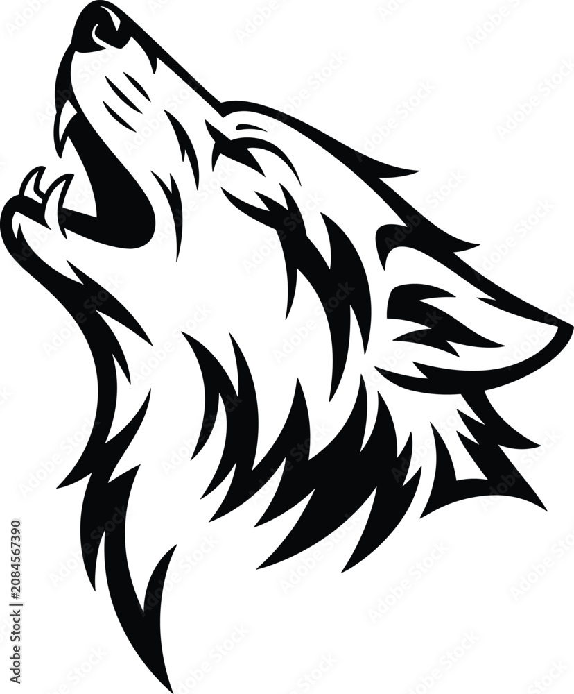 Obraz premium Black and white of a howling wolf head silhouette, aggressive wild animal profile, tribal style predator