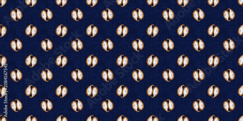 Seamless paisley pattern with symmetrical, stylized leaf motifs on a textured dark blue background. Elegant ornamental textile design.