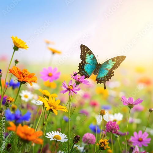 Vibrant butterfly feeding on colorful wildflowers.