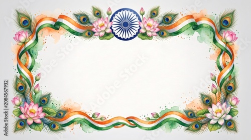 Indian flag ribbons framing with watercolor lotus and peacock feathers