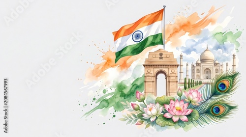 Indian flag and national symbols celebrating independence day