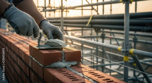 Skillful Hands Laying Bricks Building A Strong Wall Structure Progress