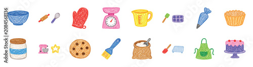 Colorful collection of baking equipment illustrations in a charming, hand-drawn crayon style, featuring various kitchen tools, utensils, and sweet treats for a playful design
