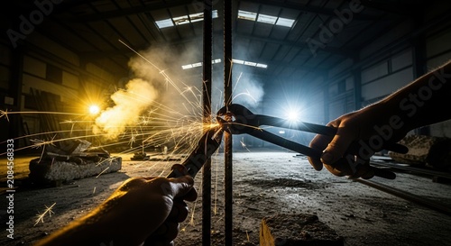 Skillful Workman Cutting Metal Rods Amidst Industrial Sparks and Smoke
