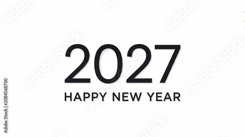 Minimalist black text saying 2027 happy new year on a plain white background for seasonal celebrations
