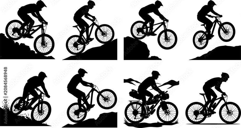 Obraz premium Mountain Bike Rider Silhouette Vector Set with MTB Trail Jump and Adventure Cycling Collection