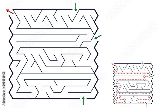 Maze with triangular walls, three entrances, and marked entry and exit points