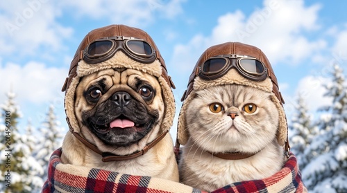  a happy pug and a fluffy exotic shorthair cat wearing leather winter aviator hats with goggles. 