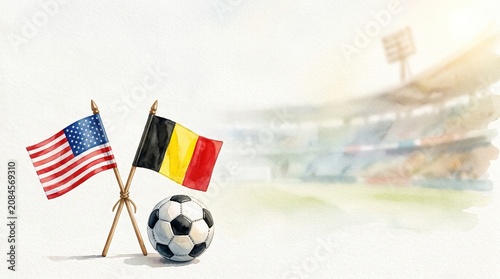 Watercolor crossed USA and Belgium flags with soccer ball against blurred stadium background, international sports competition, football match concept.