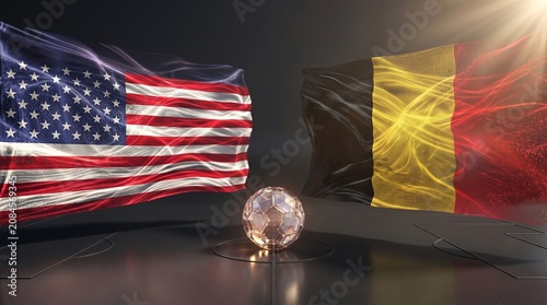 Waving USA and Belgium flags facing crystal soccer ball on dark pitch, international sports championship, football tournament background.