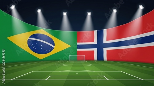Brazil and Norway flags displayed in illuminated soccer stadium at night, international match background, football competition arena.
