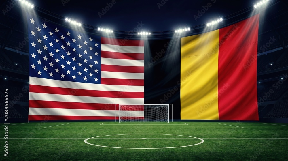 Obraz premium United States and Belgium flags displayed in illuminated soccer stadium at night, international match background, sports competition.