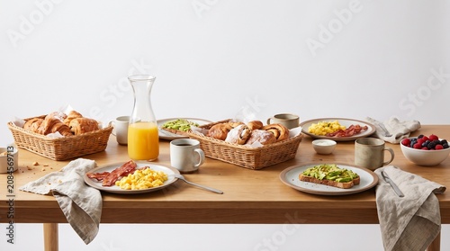 Delicious breakfast spread with pastries, eggs, bacon, avocado toast and berries