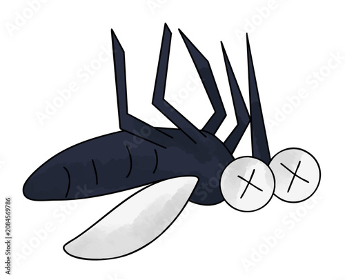 Stylized fantasy mosquito in a watercolor cartoon style, with a dark body, long legs, wings, and spiky features.