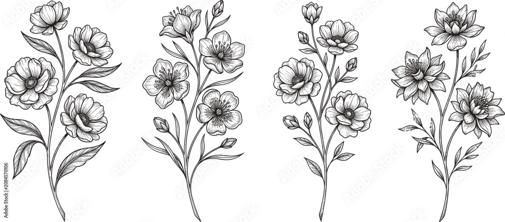 Fototapeta premium Set of detailed hand drawn floral sketches featuring beautiful blooming flower branches isolated on white background image_9ea96f.jpg