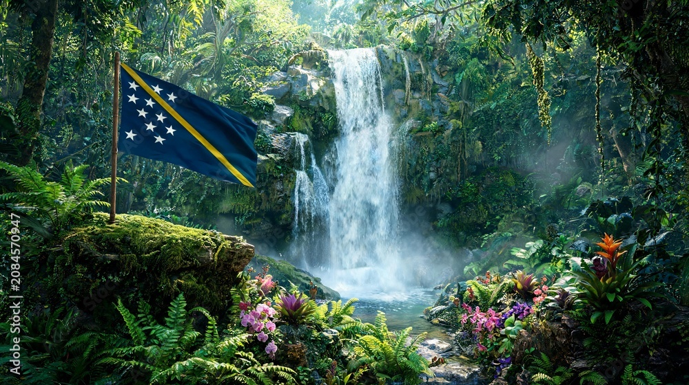 Naklejka premium Solomons flag waving beside a stunning tropical waterfall in a lush green forest environment with flowers