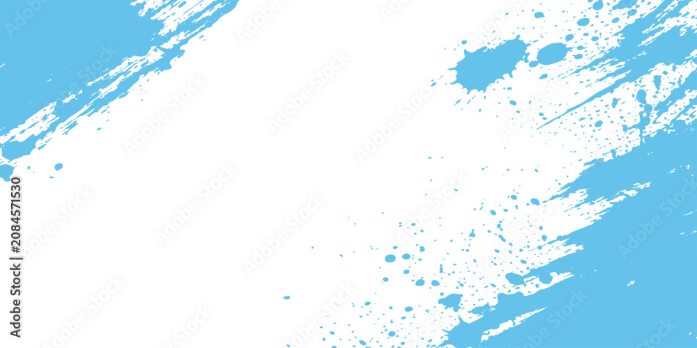 Fototapeta premium Sky blue paint brush strokes and grunge splatter border on white background with central copy space for text