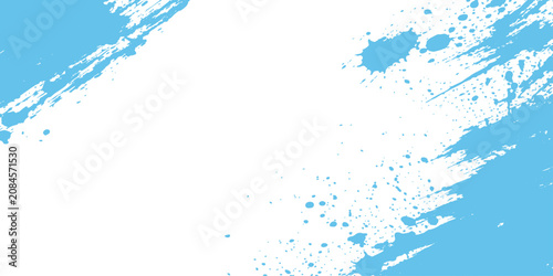 Sky blue paint brush strokes and grunge splatter border on white background with central copy space for text