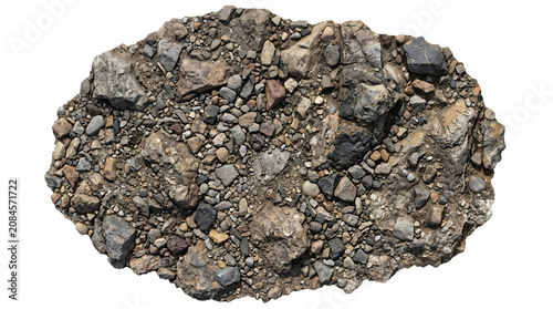 Natural rock fragment with coarse gravel texture, rough stone conglomerate isolated on white, earthy brown mineral specimen for 3D mapping