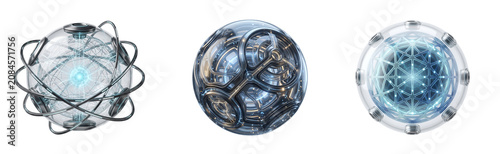 Three futuristic metallic orbs with intricate designs on a transparent background