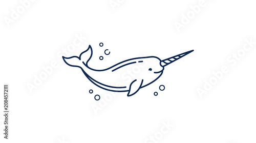 Cute Narwhal Illustration with Horn and Bubbles, Simple Line Art, Arctic Ocean Animal