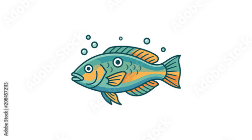 Cute Cartoon Fish Swimming with Bubbles, Aquatic Life Illustration