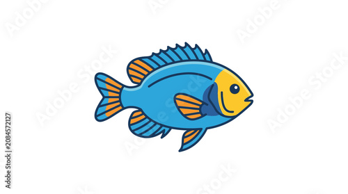 Cartoon Blue Fish with Yellow Face and Orange Fins, Isolated on White Background