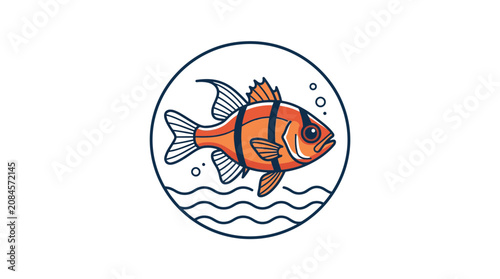 Cute Orange Striped Fish Swimming in Circle with Waves and Bubbles Icon
