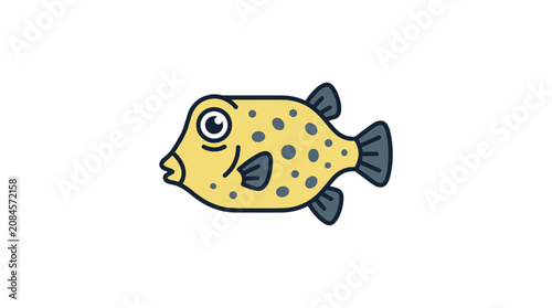 Cute yellow boxfish cartoon with dark spots, isolated on white background
