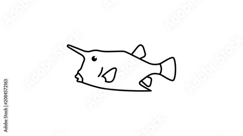Hand-drawn illustration of a cowfish with a horn on white background.