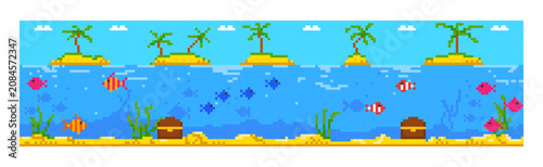 Pixel game scene with ocean, fish, palm trees, islands, sea, clouds. 8 bit game scene with natural challenge against a blue sky. Game pixel level. 