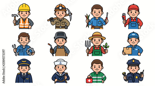 Diverse group of male characters in various professional occupations