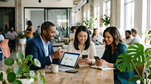 Three Professionals Collaborating on a Business Project Using Technology in a Modern Office Space