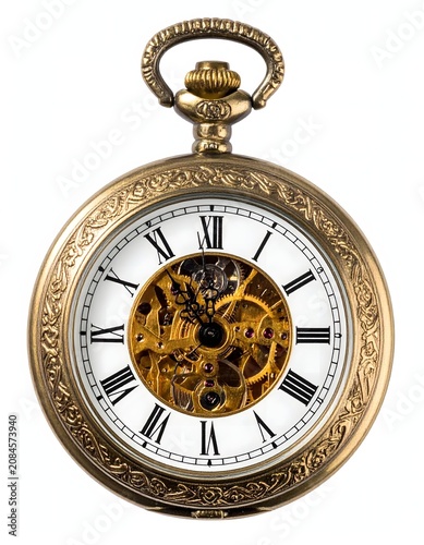 Vintage pocket watch with ornate engravings and chain.