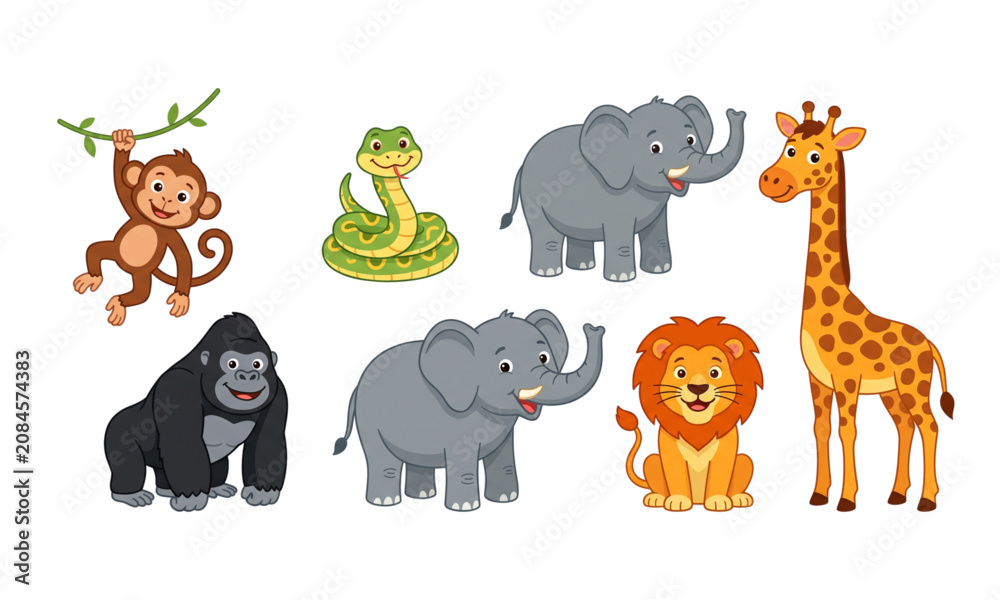 Obraz premium Cute Zoo Animals Set Monkey Snake Gorilla Elephant Lion Giraffe Vector Illustration