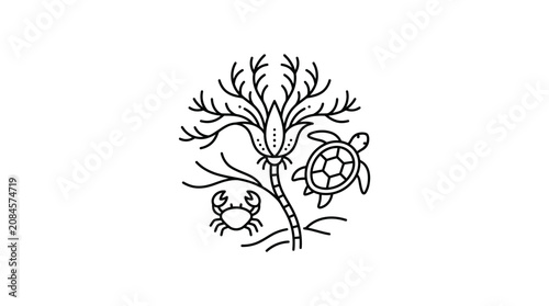 Minimalist Ocean Life Illustration: Coral, Turtle, Crab in Circle