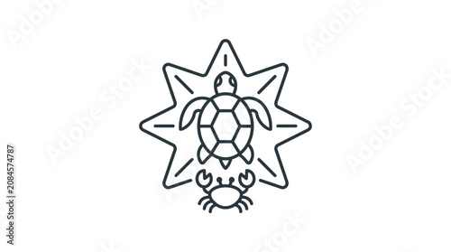 Minimalist Icon: Sea Turtle and Crab within Starburst, Ocean Life Symbol