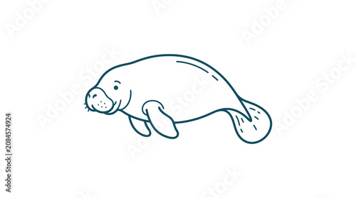Cute Manatee Drawing, Simple Line Art, Sea Cow Illustration, Marine Life, Ocean Animal