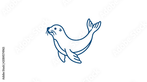 Cute cartoon seal illustration, outline drawing, white background, playful marine animal