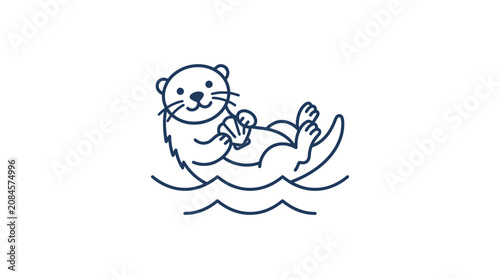 Cute Otter Floating on Back Holding Seashell, Minimalist Line Art