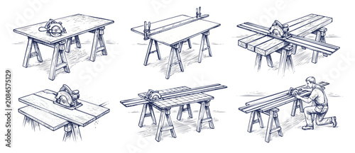 Bild auf Leinwand Woodworking carpentry circular saw illustrations demonstrating shop woodworking techniques, track saw guides, workbench setups, and carpenter cutting wood in vintage blue line art engraving style