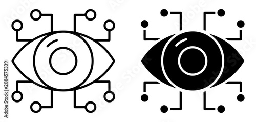 Digital eye monitoring icon with circuit connections, futuristic vision technology symbol, cyber security and AI scanning concept PNG