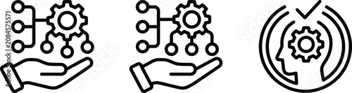 Set of business workflow optimization and cognitive management line icons featuring hand with gear hierarchy and human head profile vector illustration