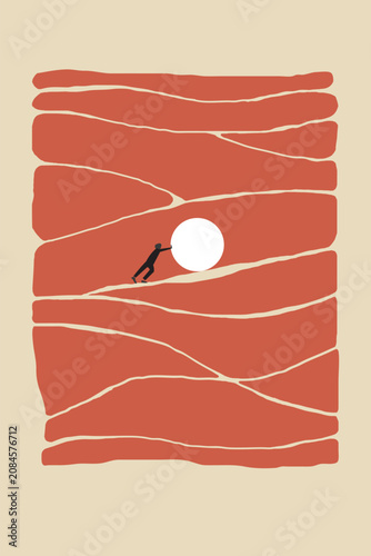 Businessman pushing a white ball up a steep hill, concept of struggle, hard work, perseverance, and challenge