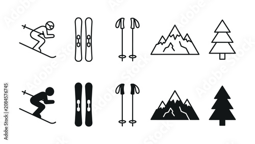 Canvas Print Skiing icons with mountains trees and skiing equipment illustrations