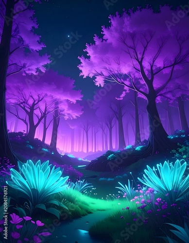 Vibrant purple and blue neon forest landscape.