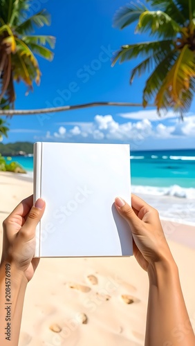 Hands holding seashells at tropical beach.
